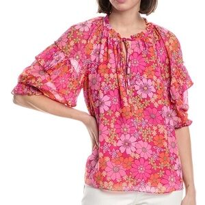 Ramy Brook pink floral ruffle sleeve top sz S